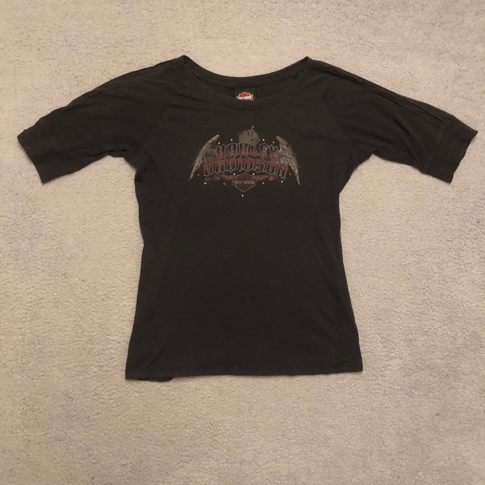 Harley Davidson Vtg Black Graphic Tee Rhinestone Wings Fink's Zanesville Ohio XL